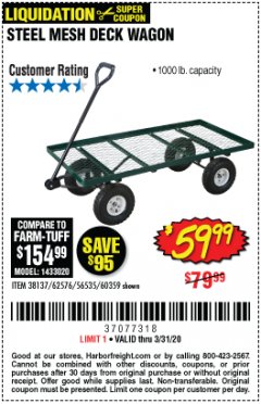 Harbor Freight Coupon STEEL MESH DECK WAGON Lot No. 60359/38137/62576 Expired: 3/31/20 - $59.99