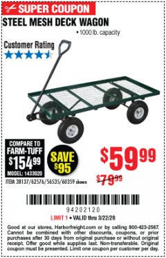 Harbor Freight Coupon STEEL MESH DECK WAGON Lot No. 60359/38137/62576 Expired: 3/22/20 - $59.99