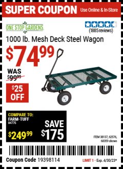 Harbor Freight Coupon STEEL MESH DECK WAGON Lot No. 60359/38137/62576 Expired: 4/30/23 - $74.99