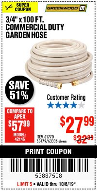 Harbor Freight Coupon 3/4" X 100 FT. COMMERCIAL DUTY GARDEN HOSE Lot No. 67020/61770/61906/63479/63336 Expired: 10/6/19 - $27.99
