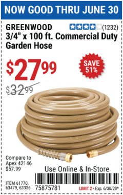 Harbor Freight Coupon 3/4" X 100 FT. COMMERCIAL DUTY GARDEN HOSE Lot No. 67020/61770/61906/63479/63336 Expired: 6/30/20 - $27.99