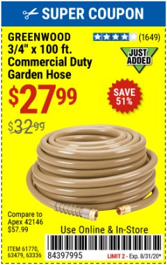 Harbor Freight Coupon 3/4" X 100 FT. COMMERCIAL DUTY GARDEN HOSE Lot No. 67020/61770/61906/63479/63336 Expired: 8/31/20 - $27.99