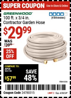 Harbor Freight Coupon 3/4" X 100 FT. COMMERCIAL DUTY GARDEN HOSE Lot No. 67020/61770/61906/63479/63336 Valid Thru: 4/28/24 - $29.99
