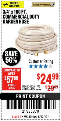 Harbor Freight Coupon 3/4" X 100 FT. COMMERCIAL DUTY GARDEN HOSE Lot No. 67020/61770/61906/63479/63336 Expired: 5/12/19 - $24.99