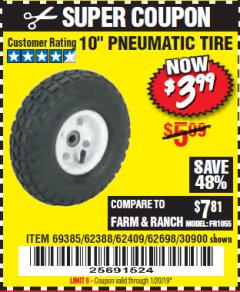 Harbor Freight Coupon 10" PNEUMATIC TIRE HaulMaster Lot No. 30900/62388/62409/62698/69385 Expired: 1/20/19 - $3.99