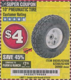 Harbor Freight Coupon 10" PNEUMATIC TIRE HaulMaster Lot No. 30900/62388/62409/62698/69385 Expired: 4/13/19 - $4
