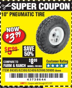 Harbor Freight Coupon 10" PNEUMATIC TIRE HaulMaster Lot No. 30900/62388/62409/62698/69385 Expired: 8/11/19 - $3.99