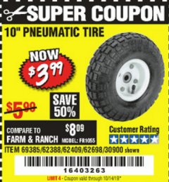 Harbor Freight Coupon 10" PNEUMATIC TIRE HaulMaster Lot No. 30900/62388/62409/62698/69385 Expired: 10/14/19 - $3.99