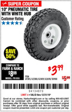 Harbor Freight Coupon 10" PNEUMATIC TIRE HaulMaster Lot No. 30900/62388/62409/62698/69385 Expired: 12/31/19 - $3.99