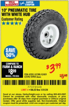 Harbor Freight Coupon 10" PNEUMATIC TIRE HaulMaster Lot No. 30900/62388/62409/62698/69385 Expired: 1/31/20 - $3.99