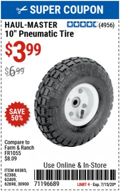 Harbor Freight Coupon 10" PNEUMATIC TIRE HaulMaster Lot No. 30900/62388/62409/62698/69385 Expired: 7/31/20 - $3.99