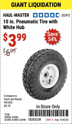 Harbor Freight Coupon 10" PNEUMATIC TIRE HaulMaster Lot No. 30900/62388/62409/62698/69385 Expired: 9/30/20 - $3.99