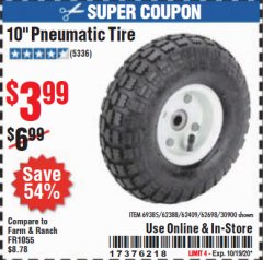 Harbor Freight Coupon 10" PNEUMATIC TIRE HaulMaster Lot No. 30900/62388/62409/62698/69385 Expired: 10/19/20 - $3.99