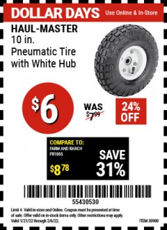 Harbor Freight Coupon 10" PNEUMATIC TIRE HaulMaster Lot No. 30900/62388/62409/62698/69385 Valid: 1/21/22 2/6/22 - $6