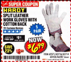 Harbor Freight Coupon SPLIT LEATHER WORK GLOVES 5 PAIR Lot No. 60450/62371/62716/62714/66287 Expired: 3/31/20 - $6.99