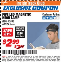 Harbor Freight ITC Coupon FIVE LED MAGNETIC HEAD LAMP Lot No. 61528/93549 Expired: 10/31/18 - $2.99