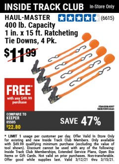 Harbor Freight FREE Coupon 4 PIECE 1" X 15 FT. RATCHETING TIE DOWNS Lot No. 90984/60405/61524/62322/63056/63057/63150 Expired: 3/15/21 - FWP