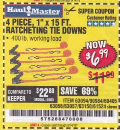 Harbor Freight Coupon 4 PIECE 1" X 15 FT. RATCHETING TIE DOWNS Lot No. 90984/60405/61524/62322/63056/63057/63150 Expired: 9/14/19 - $6.99
