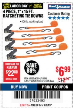 Harbor Freight Coupon 4 PIECE 1" X 15 FT. RATCHETING TIE DOWNS Lot No. 90984/60405/61524/62322/63056/63057/63150 Expired: 9/8/19 - $6.99
