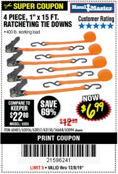Harbor Freight Coupon 4 PIECE 1" X 15 FT. RATCHETING TIE DOWNS Lot No. 90984/60405/61524/62322/63056/63057/63150 Expired: 12/8/19 - $6.99
