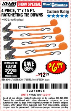 Harbor Freight Coupon 4 PIECE 1" X 15 FT. RATCHETING TIE DOWNS Lot No. 90984/60405/61524/62322/63056/63057/63150 Expired: 11/24/19 - $6.99