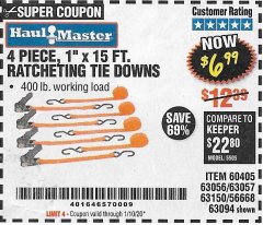 Harbor Freight Coupon 4 PIECE 1" X 15 FT. RATCHETING TIE DOWNS Lot No. 90984/60405/61524/62322/63056/63057/63150 Expired: 1/10/20 - $6.99