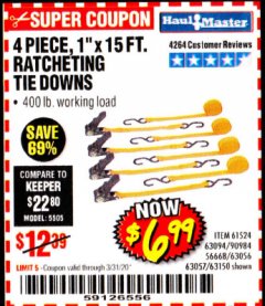 Harbor Freight Coupon 4 PIECE 1" X 15 FT. RATCHETING TIE DOWNS Lot No. 90984/60405/61524/62322/63056/63057/63150 Expired: 3/31/20 - $6.99