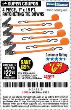 Harbor Freight Coupon 4 PIECE 1" X 15 FT. RATCHETING TIE DOWNS Lot No. 90984/60405/61524/62322/63056/63057/63150 Expired: 6/30/20 - $6.99
