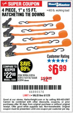 Harbor Freight Coupon 4 PIECE 1" X 15 FT. RATCHETING TIE DOWNS Lot No. 90984/60405/61524/62322/63056/63057/63150 Expired: 6/30/20 - $6.99