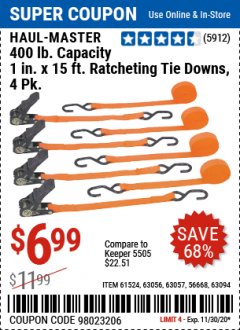 Harbor Freight Coupon 4 PIECE 1" X 15 FT. RATCHETING TIE DOWNS Lot No. 90984/60405/61524/62322/63056/63057/63150 Expired: 11/30/20 - $6.99