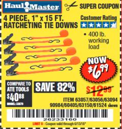 Harbor Freight Coupon 4 PIECE 1" X 15 FT. RATCHETING TIE DOWNS Lot No. 90984/60405/61524/62322/63056/63057/63150 Expired: 6/13/18 - $6.99