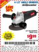 Harbor Freight Coupon DRILLMASTER 4-1/2" ANGLE GRINDER Lot No. 69645/60625 Expired: 9/15/15 - $9.99