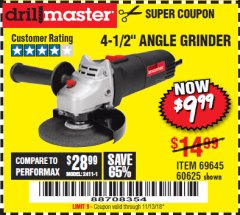Harbor Freight Coupon DRILLMASTER 4-1/2" ANGLE GRINDER Lot No. 69645/60625 Expired: 11/13/18 - $9.99