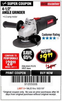 Harbor Freight Coupon DRILLMASTER 4-1/2" ANGLE GRINDER Lot No. 69645/60625 Expired: 10/21/18 - $9.99
