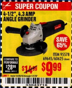 Harbor Freight Coupon DRILLMASTER 4-1/2" ANGLE GRINDER Lot No. 69645/60625 Expired: 1/1/19 - $9.99