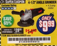 Harbor Freight Coupon DRILLMASTER 4-1/2" ANGLE GRINDER Lot No. 69645/60625 Expired: 2/16/19 - $9.99