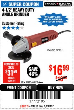 Harbor Freight Coupon DRILLMASTER 4-1/2" ANGLE GRINDER Lot No. 69645/60625 Expired: 1/20/19 - $16.99