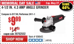 Harbor Freight Coupon DRILLMASTER 4-1/2" ANGLE GRINDER Lot No. 69645/60625 Expired: 5/27/19 - $9.99
