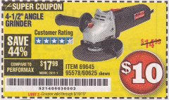 Harbor Freight Coupon DRILLMASTER 4-1/2" ANGLE GRINDER Lot No. 69645/60625 Expired: 8/8/19 - $10