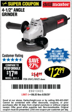 Harbor Freight Coupon DRILLMASTER 4-1/2" ANGLE GRINDER Lot No. 69645/60625 Expired: 6/30/20 - $12.99