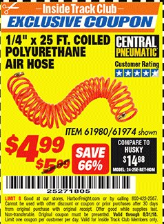 Harbor Freight ITC Coupon 1/4" x 25 FT. COILED POLYURETHANE AIR HOSE Lot No. 47/61974/61980 Expired: 8/31/18 - $4.99