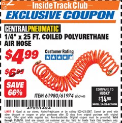 Harbor Freight ITC Coupon 1/4" x 25 FT. COILED POLYURETHANE AIR HOSE Lot No. 47/61974/61980 Expired: 11/30/18 - $4.99