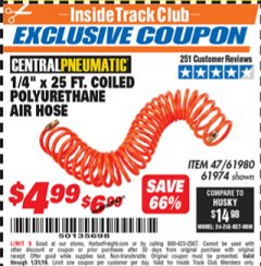 Harbor Freight ITC Coupon 1/4" x 25 FT. COILED POLYURETHANE AIR HOSE Lot No. 47/61974/61980 Expired: 1/31/19 - $4.99