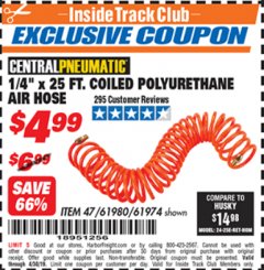 Harbor Freight ITC Coupon 1/4" x 25 FT. COILED POLYURETHANE AIR HOSE Lot No. 47/61974/61980 Expired: 4/30/19 - $4.99