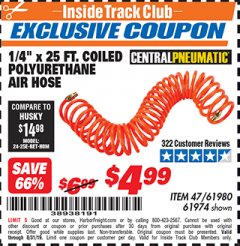 Harbor Freight ITC Coupon 1/4" x 25 FT. COILED POLYURETHANE AIR HOSE Lot No. 47/61974/61980 Expired: 8/31/19 - $4.99