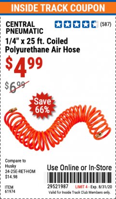 Harbor Freight ITC Coupon 1/4" x 25 FT. COILED POLYURETHANE AIR HOSE Lot No. 47/61974/61980 Expired: 8/31/20 - $4.99