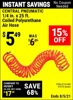 Harbor Freight Coupon 1/4" x 25 FT. COILED POLYURETHANE AIR HOSE Lot No. 47/61974/61980 Expired: 8/5/21 - $5.49