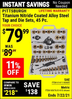 Harbor Freight Coupon 45 PIECE TITANIUM NITRIDE COATED ALLOY STEEL TAP AND DIE SETS Lot No. 61411/60685/60676/61410 Expired: 7/22/21 - $79.99