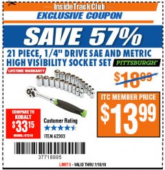Harbor Freight ITC Coupon 21 PIECE HIGH VISIBILITY 1/4" DRIVE SAE/METRIC SOCKET SET Lot No. 62303/67905 Expired: 7/10/18 - $13.99