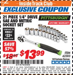 Harbor Freight ITC Coupon 21 PIECE HIGH VISIBILITY 1/4" DRIVE SAE/METRIC SOCKET SET Lot No. 62303/67905 Expired: 8/31/19 - $13.99